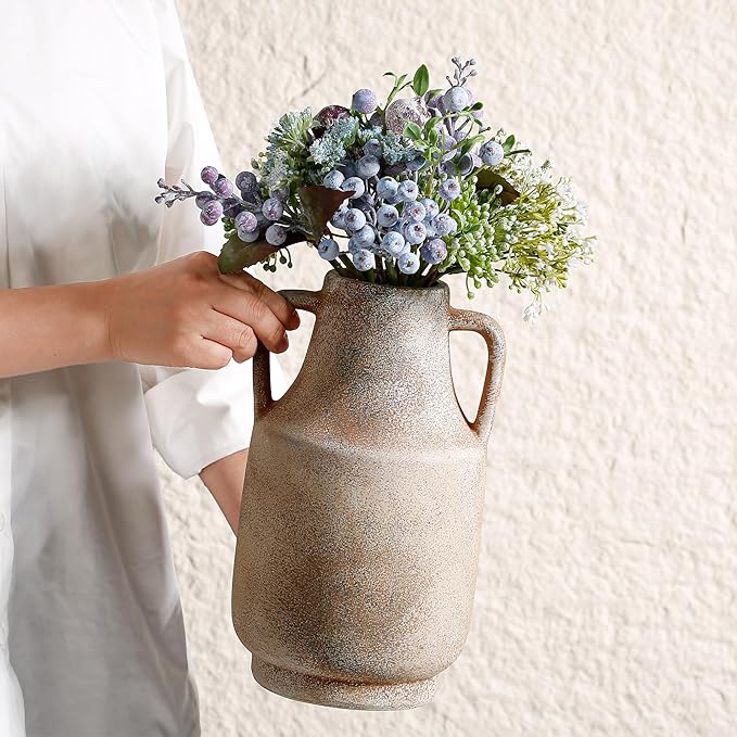 Ceramic Rustic Flower Vase, 10.94 Inch Pottery Modern Vase for Shelf, Tabletop, Vintage Farmhouse Home Decor for Coffee Table, Living Room, Mantle, Fireplace, Entryway