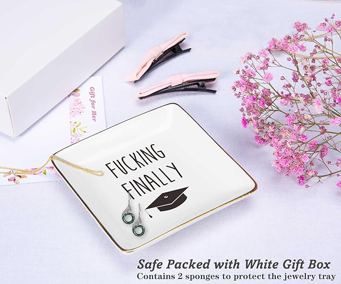 Fucking Finally Graduation Gifts-High School-Funny Coworker Grad Graduate Congratulation Gift for Her,Bachelors Masters Degree Gift,Phd Graduation Gift-Ceramic Jewelry Tray Trinket Holder Ring Dish