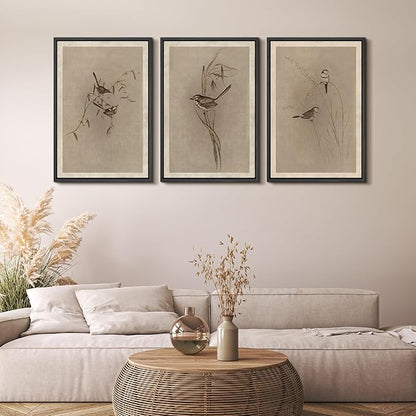 MUDECOR Framed Wall Art Print Set Vintage Bird Wheat Ear Illustrations Modern Art Boho Decorative Colorful Chic for Living Room, Bedroom, Office - 24"x36"x3 Black