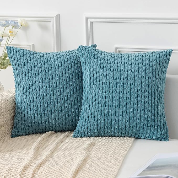 Kevin Textile Throw Pillow Covers Soft Corduroy Decorative Set of 2 Boho Striped Pillow Covers Pillowcases Farmhouse Home Decor for Couch Bed Sofa Living Room 24x24 Inch Light Blue