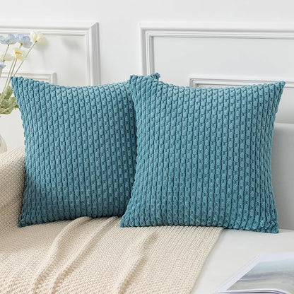 Kevin Textile Throw Pillow Covers Soft Corduroy Decorative Set of 2 Boho Striped Pillow Covers Pillowcases Farmhouse Home Decor for Couch Bed Sofa Living Room 16x16 Inch Light Blue