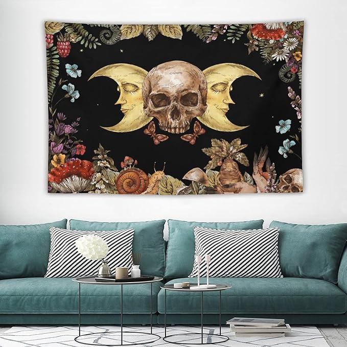 Boho Moon Skull Tapestry,Vintage Sun Moon Hippie Mushroom Floral Plant Tapestries Wall Hanging for Dorm Living Room Bedroom Decor(60"x90")
