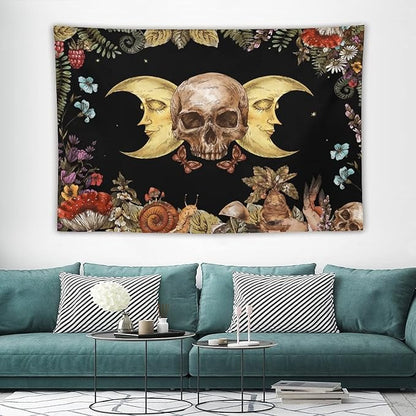 Boho Moon Skull Tapestry,Vintage Sun Moon Hippie Mushroom Floral Plant Tapestries Wall Hanging for Dorm Living Room Bedroom Decor(60"x90")