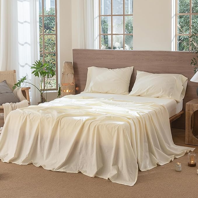 MooMee Bedding Sheet Set 100% Washed Cotton Linen Like Textured Breathable Durable Soft Comfy (Solid Cream White, Full)