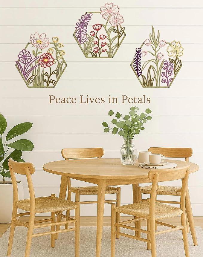 3 Piece Metal Flower Wall Art for Bedroom Living Room Rustic Farmhouse Floral Wall Decor for Bathroom Dining Room Boho Home Decorations Modern Minimalism Hanging Sculptures Polygon