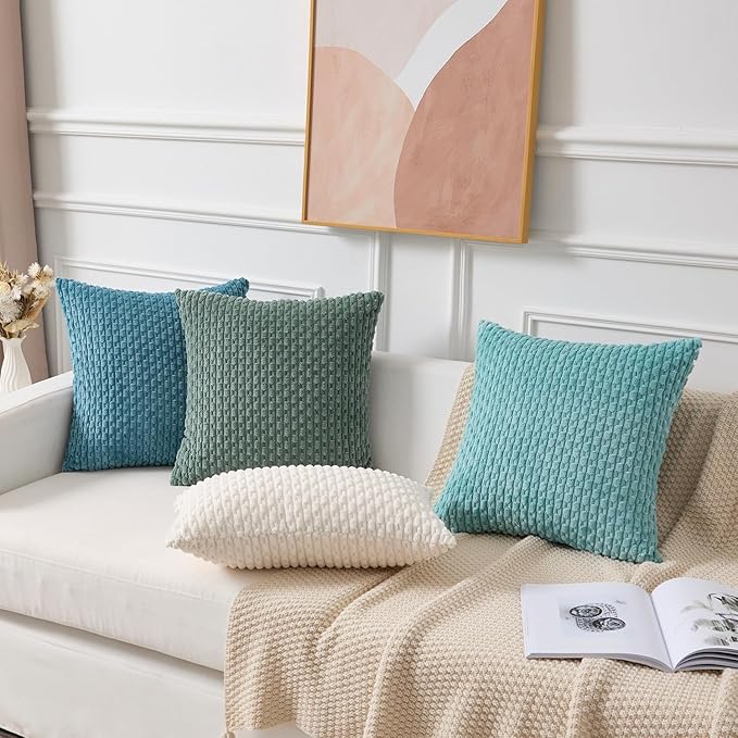 Kevin Textile Decorative Pillow Covers Set of 2 Striped Plush Corduroy Pillows Pillowcases Boho Home Decor Cushion Covers for Couch Sofa Bed Living Room 26x26 Inch, Teal Green