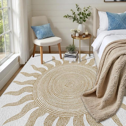 Boho Washable Rugs for Bedroom 3x4, Modern Sun Print Soft Minimalism Area Rug, Non Slip Low Pile Abstract Carpet for Classroom Living Room Decor Dining Room Sofa Kids Nursery Room, Beige Yellow