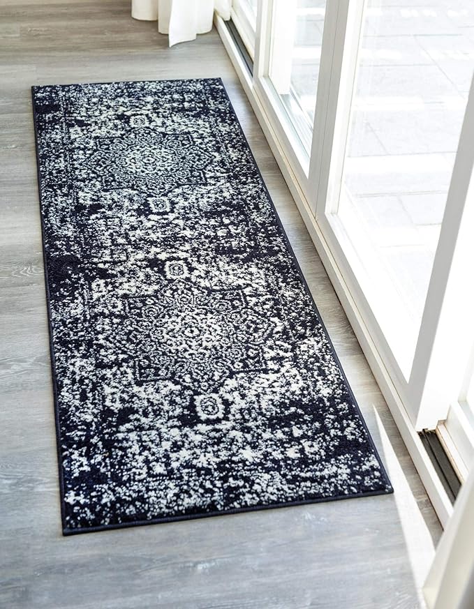 Rugs.com Arlington Collection Rug – 12 Ft Runner Navy Blue Medium-Pile Rug Perfect for Hallways, Entryways