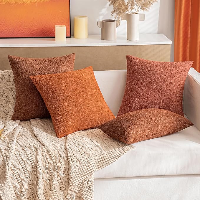 MIULEE 18x18 Inch Decorative Pillow Covers for Couch Bed Set of 2 Textured Boucle Neutral Winter Throw Pillows Burnt Orange Accent Solid Cushion Pillowcases Sofa Livingroom Home Decor