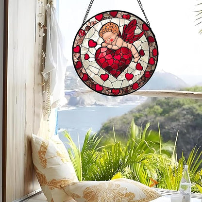 Stained Glass Window Hanging - Red Love Angel Sun Catcher for Door Garden Home Decor Cute Suncatcher Christmas Mother's Day Birthday for Women Men Mom Nana 6.3 in