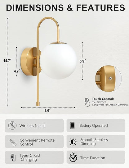 Battery Operated Globe Wall Sconces Set of 2, Wireless Gold Wall Lights with Remote Control, Rechargeable 3 Color Stepless Dimming Gooseneck Wall Decor Lamp for Bedroom Living Room Hallway