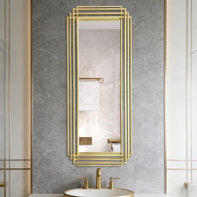 Gold Rectangle Mirror, 55"x22" Geometric Art Deco Mirror with Metal Frame, Large Modern Elegant Wall Mirrors for Living Room Bathroom Entryway Hallway, Hangs Vertically or Horizontally