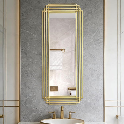 Gold Rectangle Mirror, 55"x22" Geometric Art Deco Mirror with Metal Frame, Large Modern Elegant Wall Mirrors for Living Room Bathroom Entryway Hallway, Hangs Vertically or Horizontally