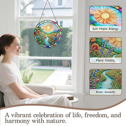 Stained Glass Window Hanging, Scenery Sun Catchers Stained Glass Panels for Indoor Windows Wall Art Decor, Birthday Gift for Mom Women Wife Men Lovers (7.87inch)