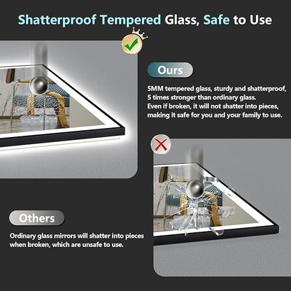 30"x36" Black Framed LED Bathroom Mirror with Lights, Backlit & Front Lit, Anti-Fog Lighted Vanity Mirrors for Bathroom Wall, Dimmable, 3 Colors, Memory, Shatter-Proof, Tempered Glass, CRI＞90