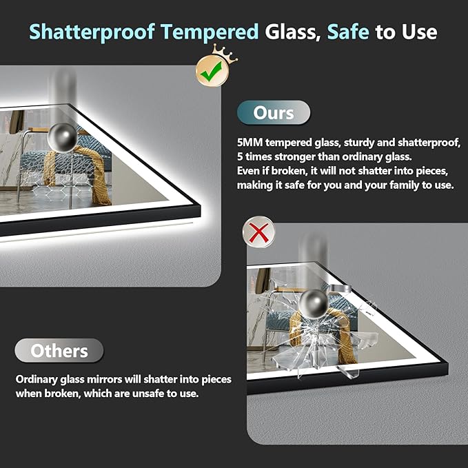 28x36 Inch Black Framed LED Bathroom Mirror with Lights, Backlit & Front Lit, Anti-Fog Lighted Vanity Mirrors for Bathroom Wall, Dimmable, 3-Color Light, Memory, Shatter-Proof, Tempered Glass