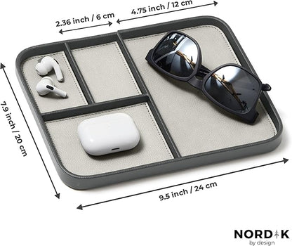 Nordik Leather Valet Tray - Sahara Gray - 9.5 x 7.9 Inch Medium Vegan Leather Tray - Stylish Nightstand Organizer for Men - Modern Bedside Caddy - EDC Catchall for Key Watch Wallet Jewellery