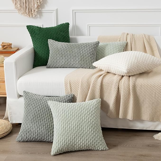 Kevin Textile Throw Pillow Covers Soft Corduroy Decorative Set of 2 Boho Striped Pillow Covers Pillowcases Farmhouse Home Decor for Couch Bed Sofa Living Room 12x20 Inch Greyish Green