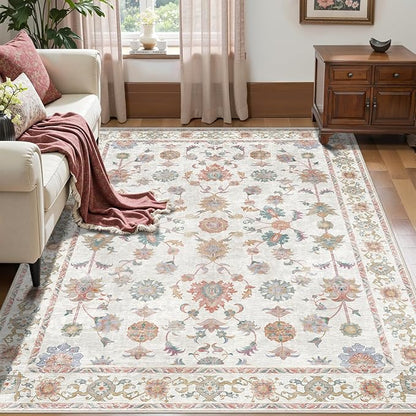Tangsoo Washable Area Rug, 4x6 Pottery Barn Neutral Floral Rugs for Bedroom Living Room, Vintage Boho Non Slip Low Pile Beige Carpet for Farmhouse Nursery Office Laundry, Pet & Child Friendly