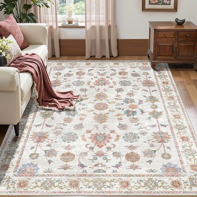 Tangsoo Washable Area Rug, 3x5 Pottery Barn Neutral Floral Rugs for Bedroom Living Room, Vintage Boho Non Slip Low Pile Beige Carpet for Farmhouse Nursery Office Laundry, Pet & Child Friendly