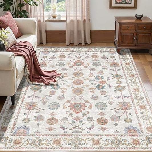 Tangsoo Washable Area Rug, 3x5 Pottery Barn Neutral Floral Rugs for Bedroom Living Room, Vintage Boho Non Slip Low Pile Beige Carpet for Farmhouse Nursery Office Laundry, Pet & Child Friendly