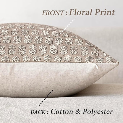 Foindtower Set of 2 Decorative Neutral Floral Print Throw Pillow Covers Vintage Accent Farmhouse Cushion Covers Boho Home Decor for Sofa Couch Chair Bedroom Living Room,20×20 Inch,Tan Taupe