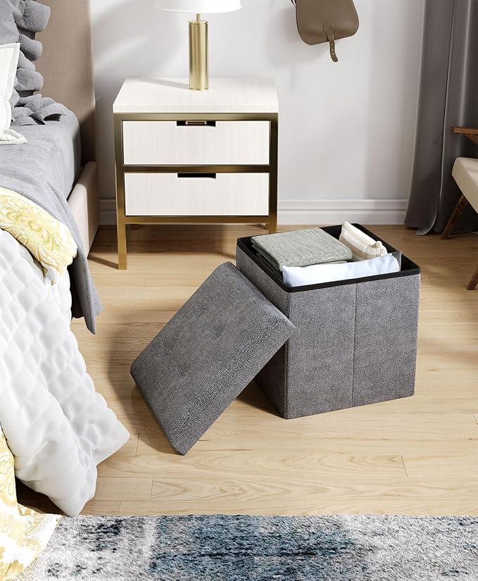 Folding Storage Ottoman Bench, Multi-Functional Ottoman Footrest, End of Bed Bench, Storage Chest for Living Room, Bedroom, Hallway, Entryway, Holds Up to 300 lbs (Dark Gray, 15 Inches)