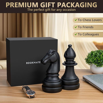 Chess Book Ends for Shelves – Elegant Decorative Bookends for Heavy Books, Office & Living Room Decor – Modern Shelf Organizer and Gift for Book Lovers by ROOKMATE (Matte Black, Légal’s Mate)