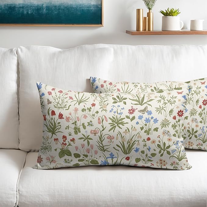 Vitage Floral Lumbar Pillow Covers 12x20 Set of 2 Spring Green Red Cream Pattern Rustic Decorative Outdoor Farmhouse Zipper Flower Pillowcases Decorations Throw Cushion Cover Decor for Couch Sofa Bed