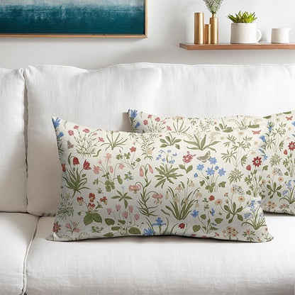 Vitage Floral Lumbar Pillow Covers 12x20 Set of 2 Spring Green Red Cream Pattern Rustic Decorative Outdoor Farmhouse Zipper Flower Pillowcases Decorations Throw Cushion Cover Decor for Couch Sofa Bed