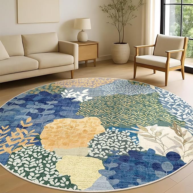 DEXDE Large Round Rug 9ft Washable Circle Area Rugs Non Slip Low Pile Boho Floral Circular Carpet for Bedroom Bathroom Entryway Kids Room Office Dining Room,Blue