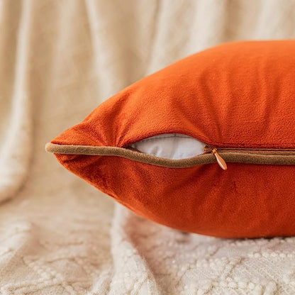 LIGICKY Set of 2 Fall Pillow Covers Rust Velvet Throw Pillow Covers Decorative Modern Autumn Rope Edging Soft Square Cushion Cases for Sofa Bedroom Party Décor, 18 x 18 inch