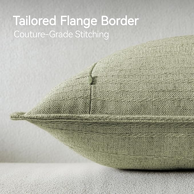 a moment Linen Pillow Covers Set of 2,Boho Farmhouse Throw Pillowcases Neutral Textured Decorative Covers for Couch Sofa,Linen Blend Accent Case Cushion Living Room Home Decor 20"x12"Seeding Green