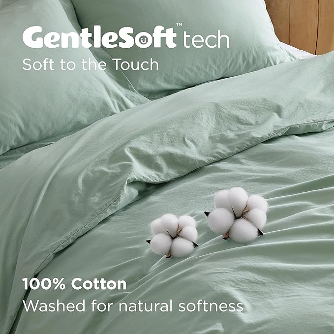 Bedsure 100% Washed Cotton Duvet Cover King Size - Sage Green Minimalist Cotton Duvet Cover Linen Like for All Seasons - GentleSoft™ Plain Simple Bedding (Sage Green, King, 104"x90")