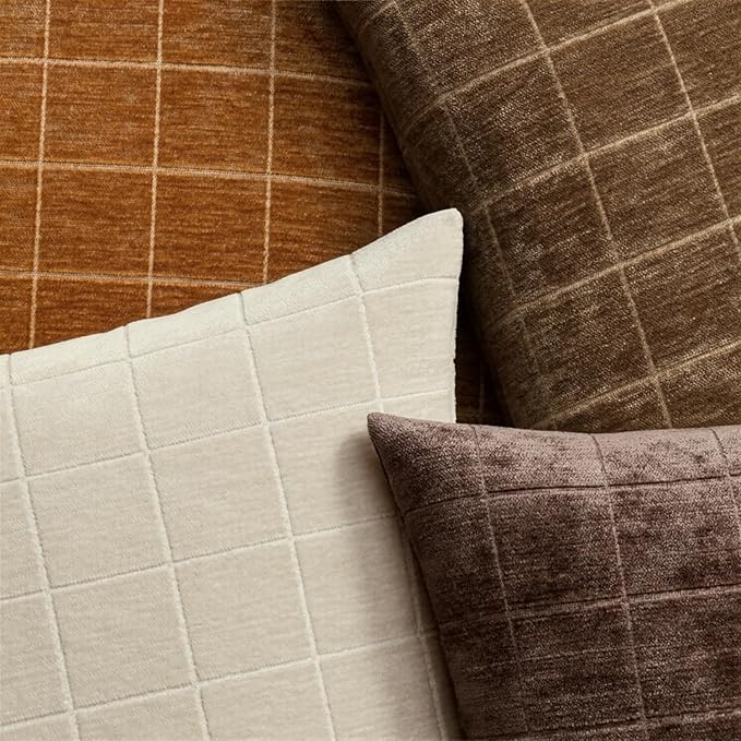 MIULEE Decorative Chenille Check Throw Pillow Covers Vintage Plaid Couch Pillows 20x20 Inch Set of 2 Neutral Boho Farmhouse Cushion Covers Modern Home Decor for Sofa Bed Living Room Reddish Brown