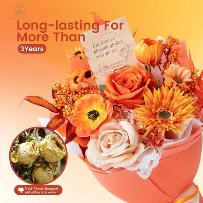 Orange Preserved Flowers Bouquet, Gift Bouquet for Women, Eternal Fake Flower Gift for Christmas Anniversary Birthday Home Décor