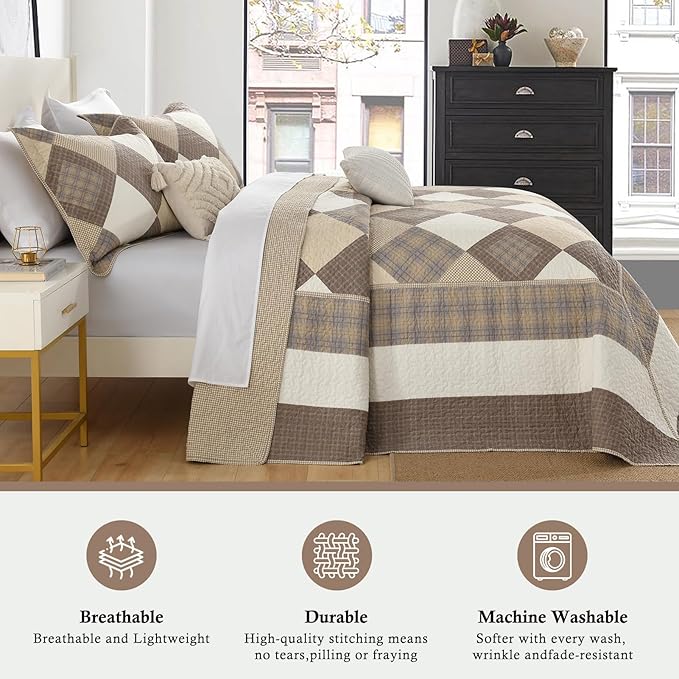 Oversized King Bedspread 128"x120" - 100% Cotton Lightweight California King Quilt with 2 Pillowshams, Printed Diamond Extra Wide Quilted Bedding Coverlet for All Season, Brown/Beige/Khaki