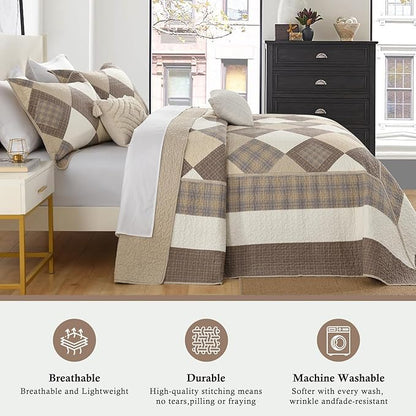 Farmhouse Bedspread King Size 120"x120" - 100% Cotton Lightweight Oversized King Quilt with 2 Pillowshams, Printed Diamond Quilted Bedding Coverlet for All Season, Brown/Beige/Khaki