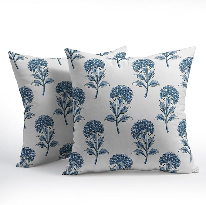 Blue Floral Pillow Covers 18x18 Set of 2 Blue and White Block Print Pattern Rustic Spring Flower Decorative Outdoor Farmhouse Pillowcases Decorations Throw Cushion Cover Decor for Couch Sofa Bed