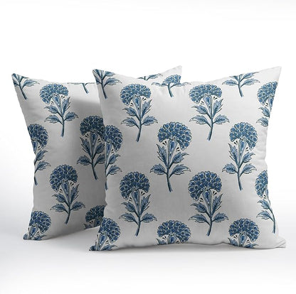 Blue Floral Pillow Covers 20x20 Set of 2 Blue and White Block Print Pattern Rustic Spring Flower Decorative Outdoor Farmhouse Pillowcases Decorations Throw Cushion Cover Decor for Couch Sofa Bed