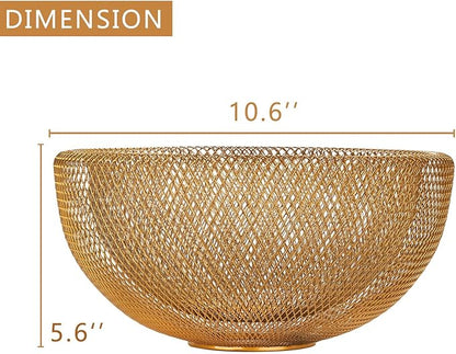 IBWell Metal Wire Woven Fruit Storage Bowl Basket for Kitchen, Large Black Mesh Fruit Stand, for Apple, Pineapple, Banana, Orange, Lemon, Pear, Strawberry, Watermelon (Gold, Large)