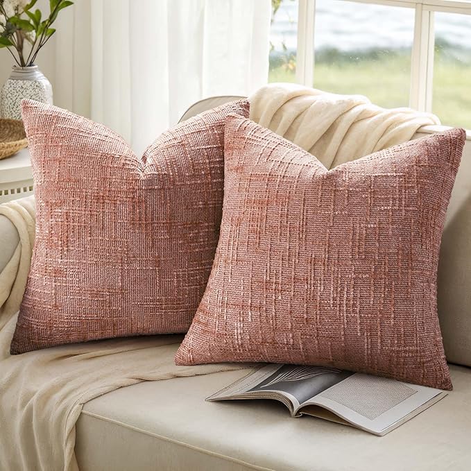decorUhome Spring Pink Chenille Throw Pillow Covers 18x18 Set of 2 Textured Slubby Couch Pillow Covers Farmhouse Accent Modern Neutral Decorative Pillow Cases for Bed Sofa Living Room