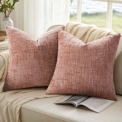 decorUhome Spring Pink Chenille Throw Pillow Covers 18x18 Set of 2 Textured Slubby Couch Pillow Covers Farmhouse Accent Modern Neutral Decorative Pillow Cases for Bed Sofa Living Room