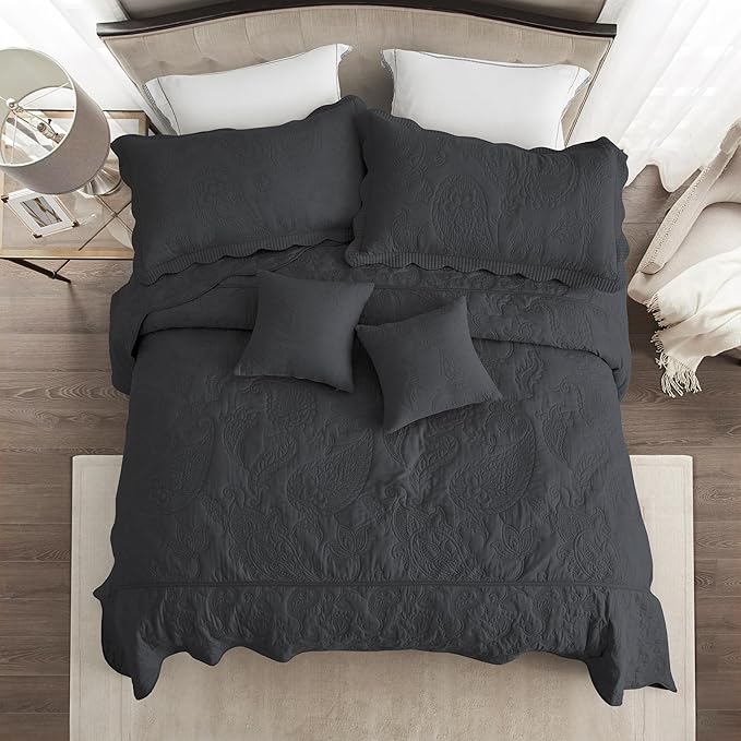 HZ & HY Oversized King Bedspread, Quilted Coverlet Bedding Set, Lightweight Thin Comforter, Reversible, Luxurious, 5 Piece, 100% Microfiber, Dark Grey