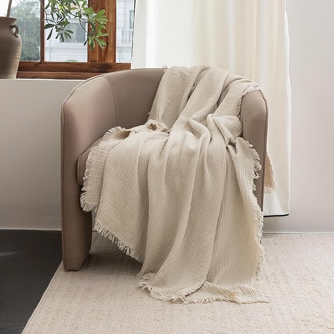 FOSSA Muslin Blanket with Fringe - 4-Layer 100% Cotton Gauze Super Soft & Breathable Throw -Lightweight Decorative Cooling Blanket for Bed, Sofa, Office -Oversize Queen Size 98" × 98" (Beige)