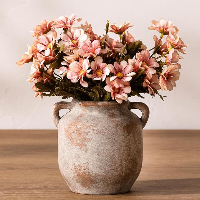 Ceramic Flower Vase Home Decor - 6 Inch Farmhouse Rustic Table Vases with Handle Living Room Decoration Decorative Vintage Pottery for Kitchen Shelf Coffee Dining Bookshelf Fireplace Centerpiece
