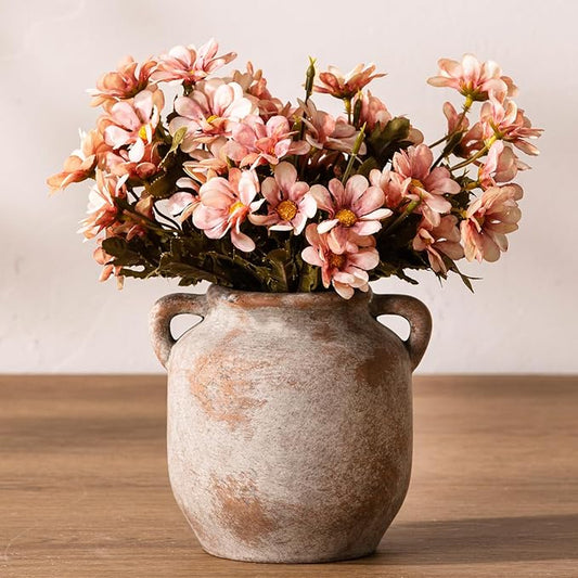 Ceramic Flower Vase Home Decor - 6 Inch Farmhouse Rustic Table Vases with Handle Living Room Decoration Decorative Vintage Pottery for Kitchen Shelf Coffee Dining Bookshelf Fireplace Centerpiece