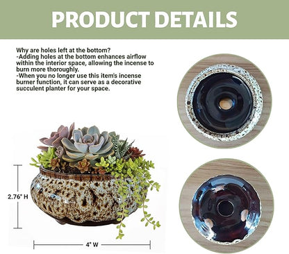 Incense Burner with Calabash Incense Stick Holder - Porcelain Charcoal Censer for Use with Resin Granular Powder Cone or Coil Incense (Fambe Gray)