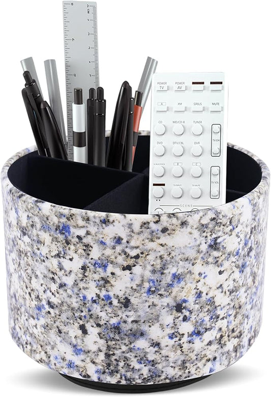Round Leather Art Supply Organizer,Remote Control Holder,360-degree Rotating Pen Organizer with 4 Compartments(1-Marble Flower)