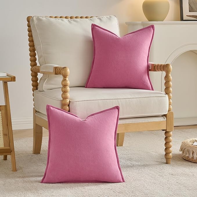 FUTEI Hot Pink Chenille Throw Pillow Covers 24x24 Inch Set of 2,Edges Double-Stitched European Cushion Cases,Modern Home Decor for Couch Living Room